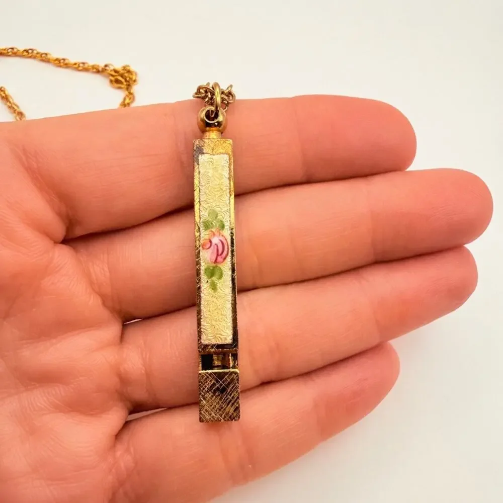 Vintage Floral Enamel Bar Whistle Pendant Necklace Gold Tone Functional 25" - Picture 2 of 11